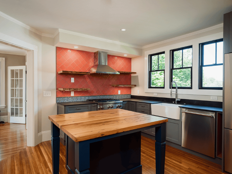 bold colors kitchen with reclaimed wood elements